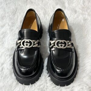 Women's Gucci Black Patent Leather GG Logo Chunky Platform Loafers